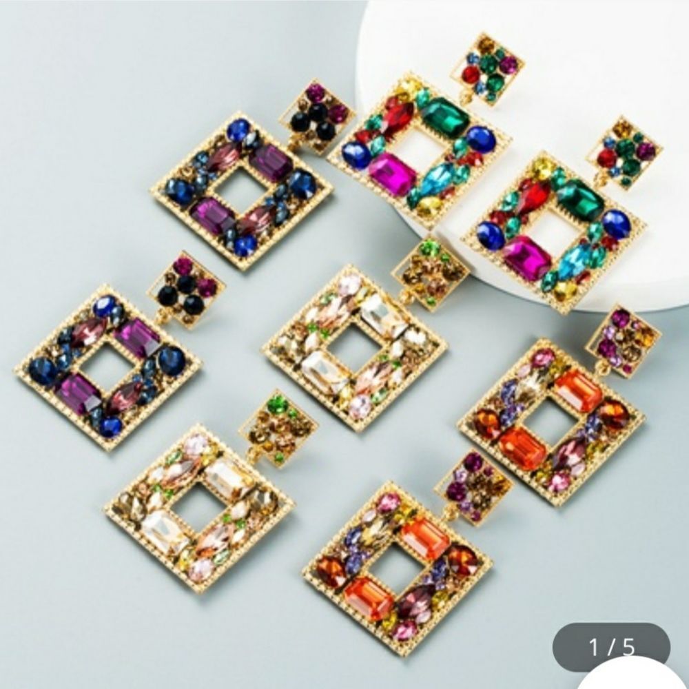 Orange/Multi-Color Rhinestone Geometric Statement Earrings - Picture 8 of 10